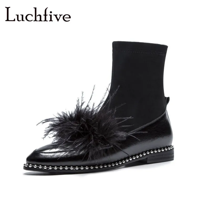 

Sexy string rivets fur ankle boots women pointy toe slip on short boots comfortable low heels black brown winter shoes woman