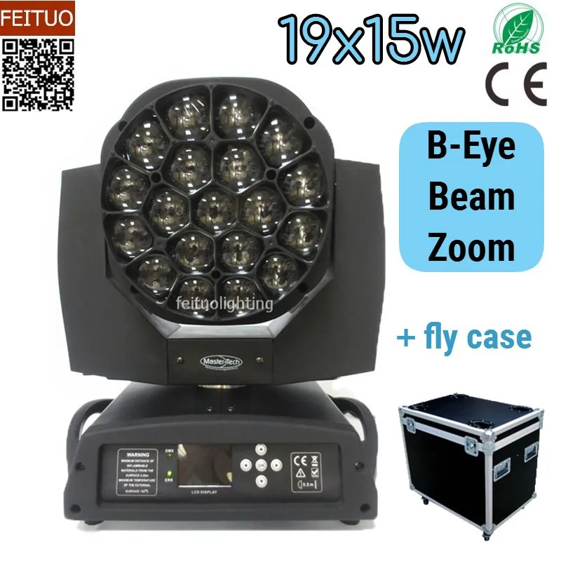 

2pcs+flight case LED Bee Eye Zoom 19x15W RGBW 4In1 Beam Moving Head Wash Light DMX Beam Bee Eyes Stage DJ Disco Party Lighting