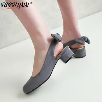 

TASSLYNN 2019 Summer Women Pumps Sweet Butterfly-knot Women Shoes Thick Low Heels Lady Slip on Wedding Pumps Large Size 34- 43