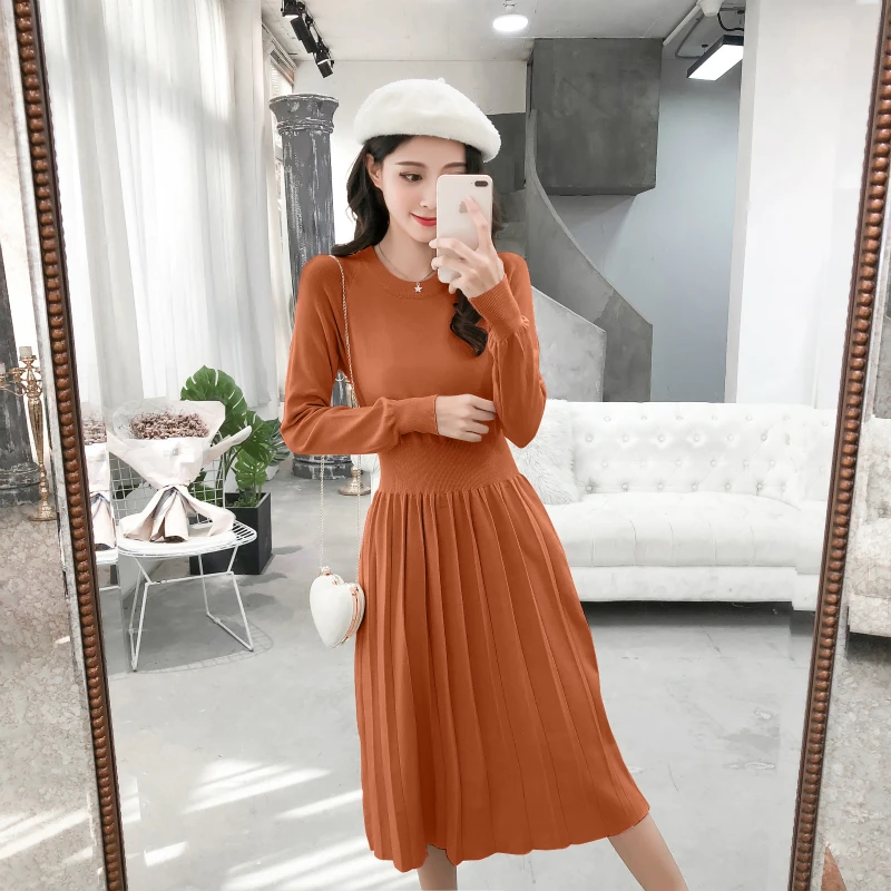 

2018 New Women dress Knitting High Waist Full Sleeve Web Celebrity Pleated Institute Dresses Pink Black Pumpkin Color 9056