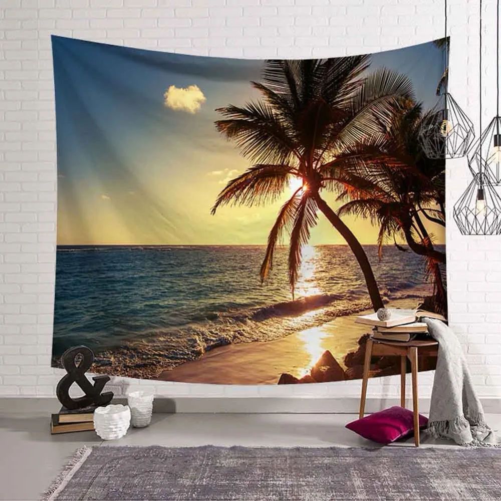  Tropical Palm Tree Leaves Tapestry Wall Hanging Seaside Sunset Landscape Tapestries Yoga Beach Towe