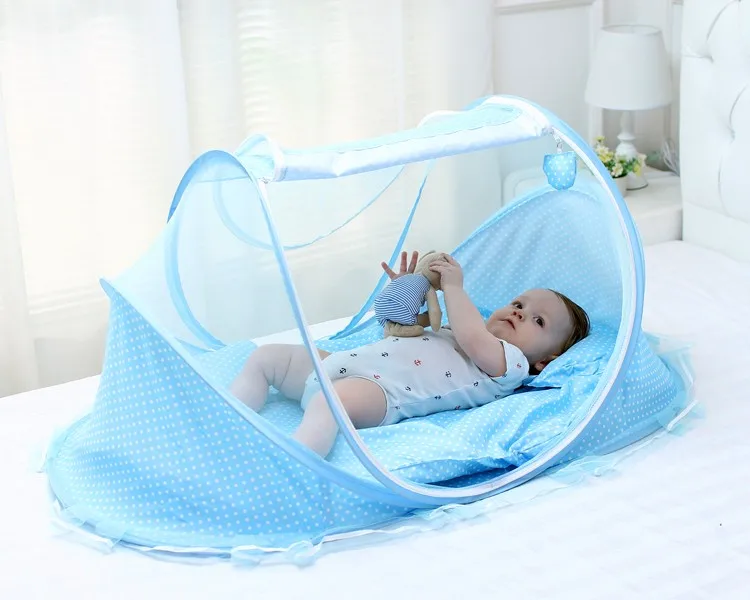 Новая стильная переносная москитная сетка для новорожденного ребенка с подушкой, синяя однотонная москитная сетка для детской кроватки, детская палатка