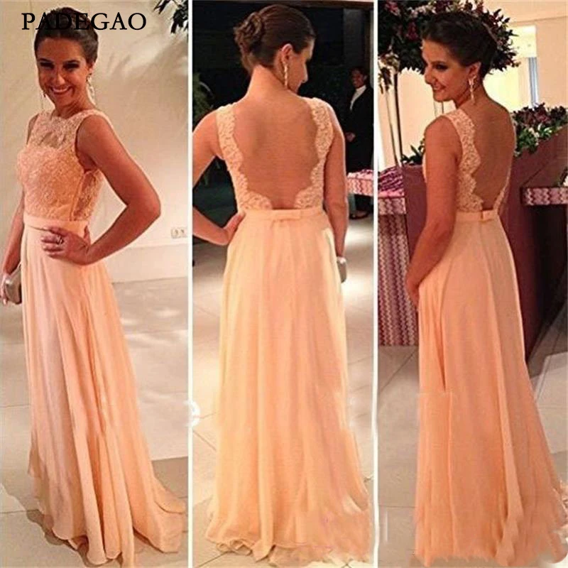 

High quality Vintage nude back Bridesmaid Dress chiffon lace long peach color for sale cheap bridesmaid dress brides maid dress