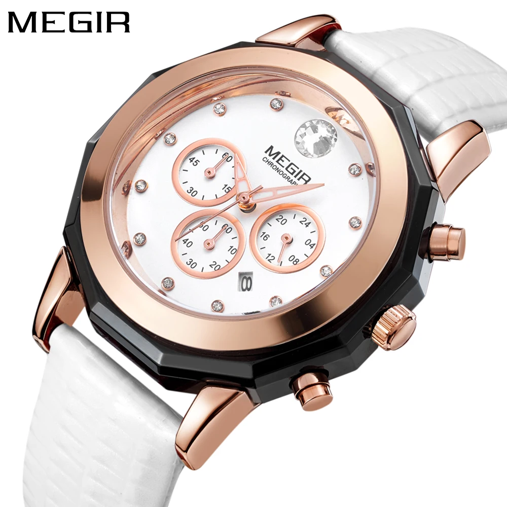 Koop Montre Femme Megir Luxe Merk Fashion Elegant Womens Horloges Chronograaf Sport Quartz Witte Lederen Band Dames Polshorloge