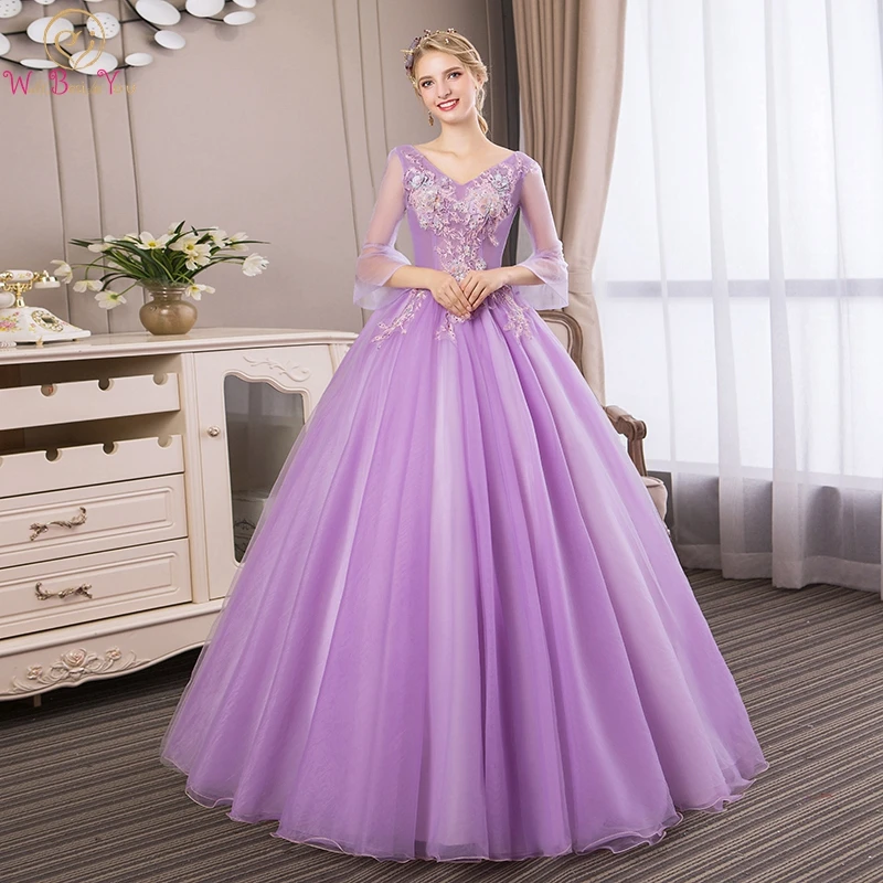 

Purple Pom Dress Floor Length Lace-up Back Flowing Sleeves V-neck Tree Quarter Sleeve Tulle Beading Evening Gown Robe De Soiree