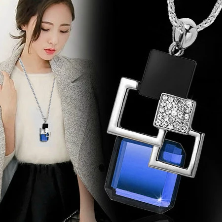 

2016 fashion personality Silver color Hollow Geometric Big Crystal long Pendant Necklace Fine Jewelry for women Sweater chain