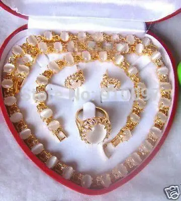 

LHX5401S>charming 6*8mm white opal stone 18K necklace bracelet earring ring Jewelry set