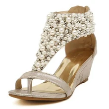 Sweet beading shoes woman 2016 new summer elegant wedges sandals casual zip cover heel flip flops wholesale free shipping