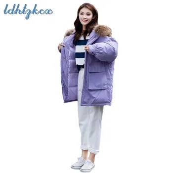 

Winter Coat Women Plus Size Big Fur Collar Hooded Parkas 2018 New Korean Office Loose Thick Warmth Long Cotton Clothing CX609