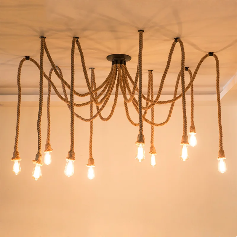 Винтажная люстра из пенькового каната старинные классические регулируемые DIY паук лампа Потолочный Ретро подвесной светильник для ресторана бара дома