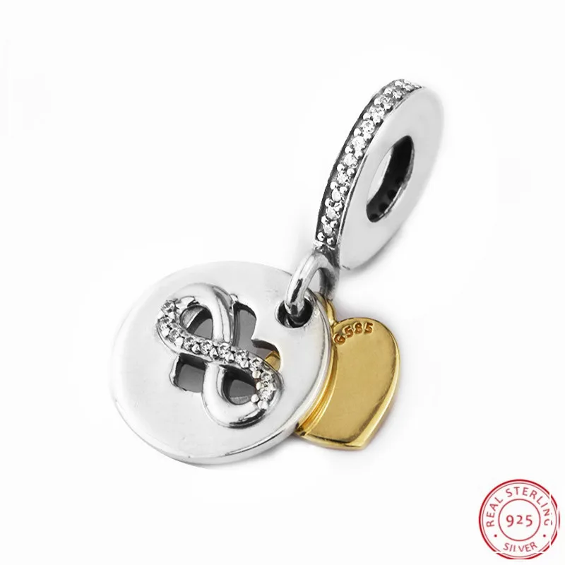 

Sterling Silver & 14K Gold Heart of Inifinity Dangle Beads with Clear CZ DIY Fit PANDORA Charms for Women Jewelry Making FL611K