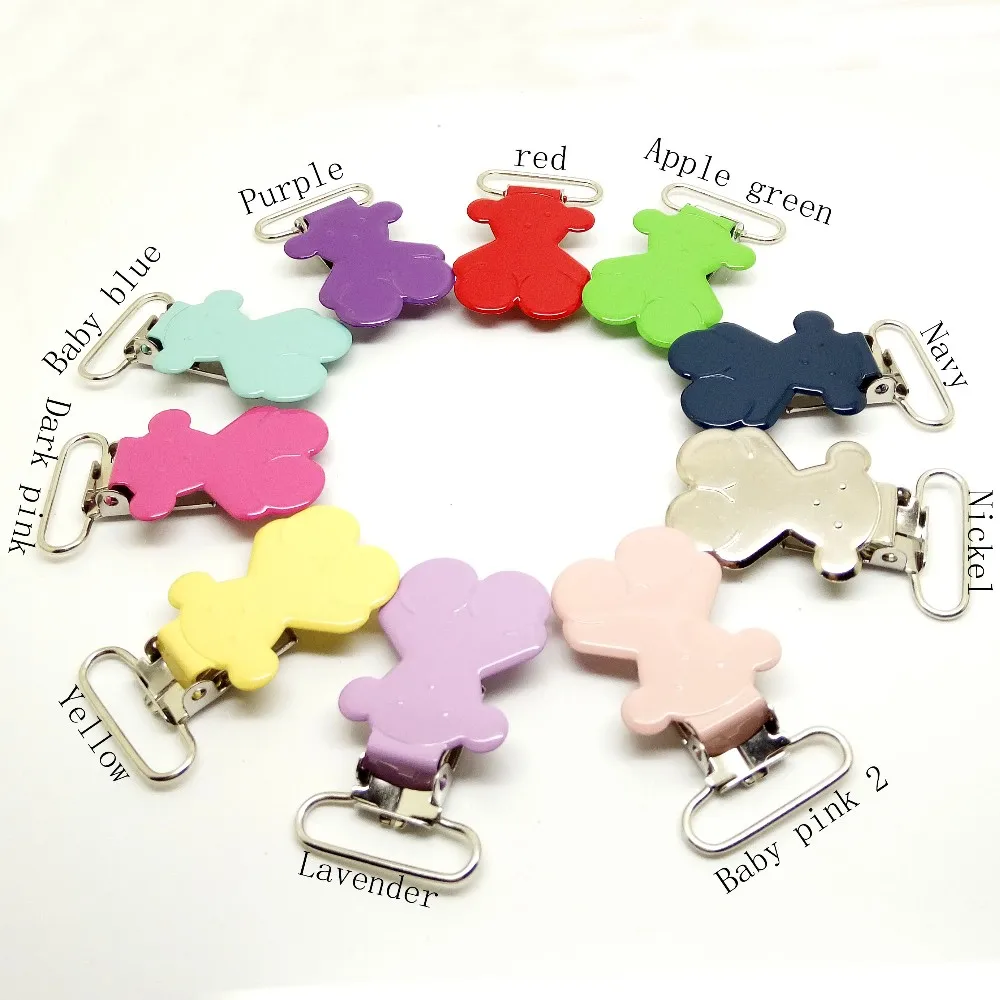 

Hot selling 10pcs pacifier clips in mix color wholesale metal bear suspender clips enamel suspender clips