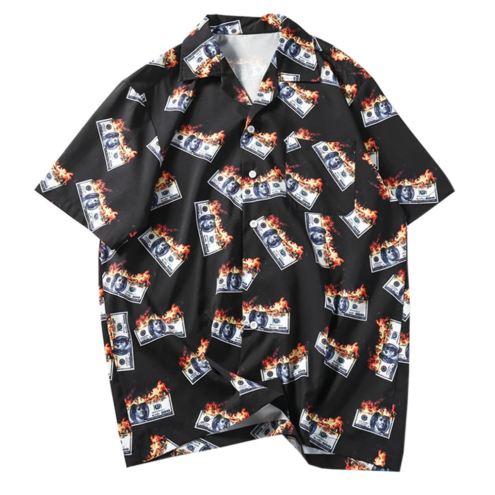 Летняя хлопковая Праздничная рубашка с принтом, мужские Гавайские рубашки, летние рубашки с отложным воротником, уличная рубашка в стиле хип-хоп - Color: Black