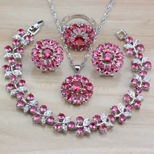 Сладкий розовый красный циркон для молодых женщин Свадебный костюм 925 серебро большие ювелирные наборы Клипсы Серьги/ожерелье/браслет/кольцо для женщин