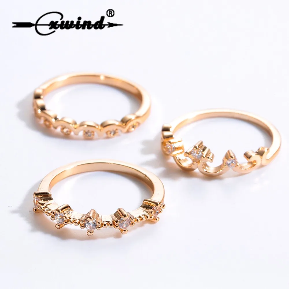 3 PCS/set Gold Fill Knuckle Crystal Finger Ring Set Crown Rings Boho Bohemia Above for women Fashion Jewelry | Украшения и
