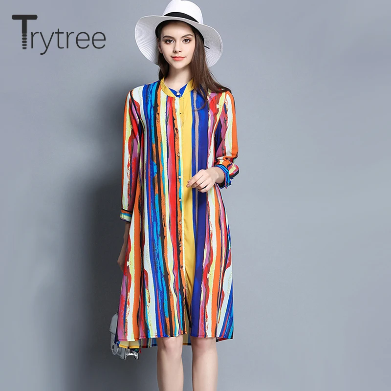 Trytree/весенне-летнее Повседневное платье, женское разноцветное платье в полоску с воротником-стойкой, однобортное платье-рубашка, свободное