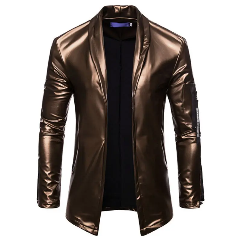 Uplzcoo черный костюм из искусственной кожи блейзер для мужчин Slim Fit сплошной цвет кардиган Casaco Masculino Блестящий ночной клуб DJ Jaqueta EM151 - Цвет: Gold