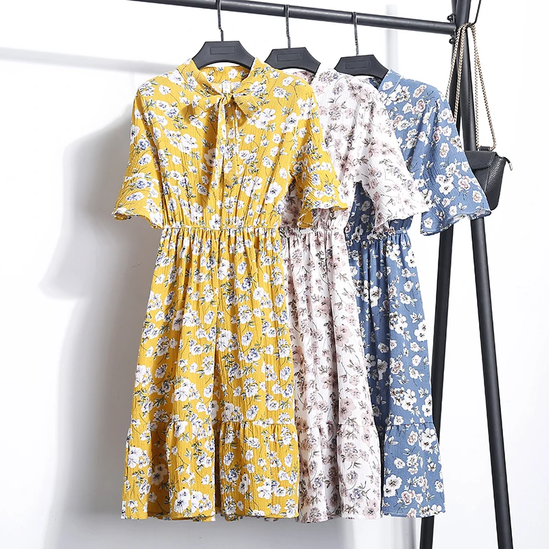 

Elastic Waist Pleated Chiffon Dress Women 2018 Summer New Fashion Female Printing High-waisted Flare Sleeve Dresses Bottoms