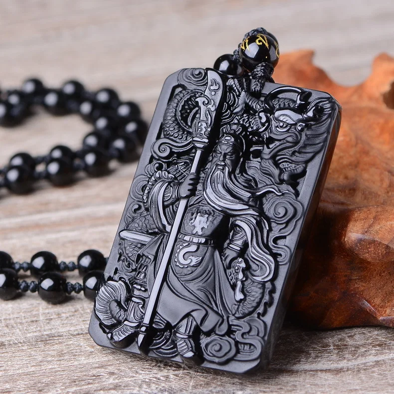 

QIANXU Black Obsidian Buddha Necklace Pendant Guan Yun Dragon Jade Pendant Jade Jewelry Fine Jewelry