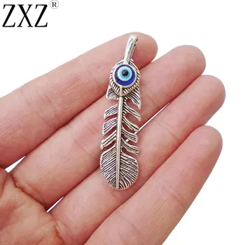

ZXZ 5pcs Feather Blue Turkish Eye Charms Pendants for Necklace Jewelry Making Findings 48x12mm