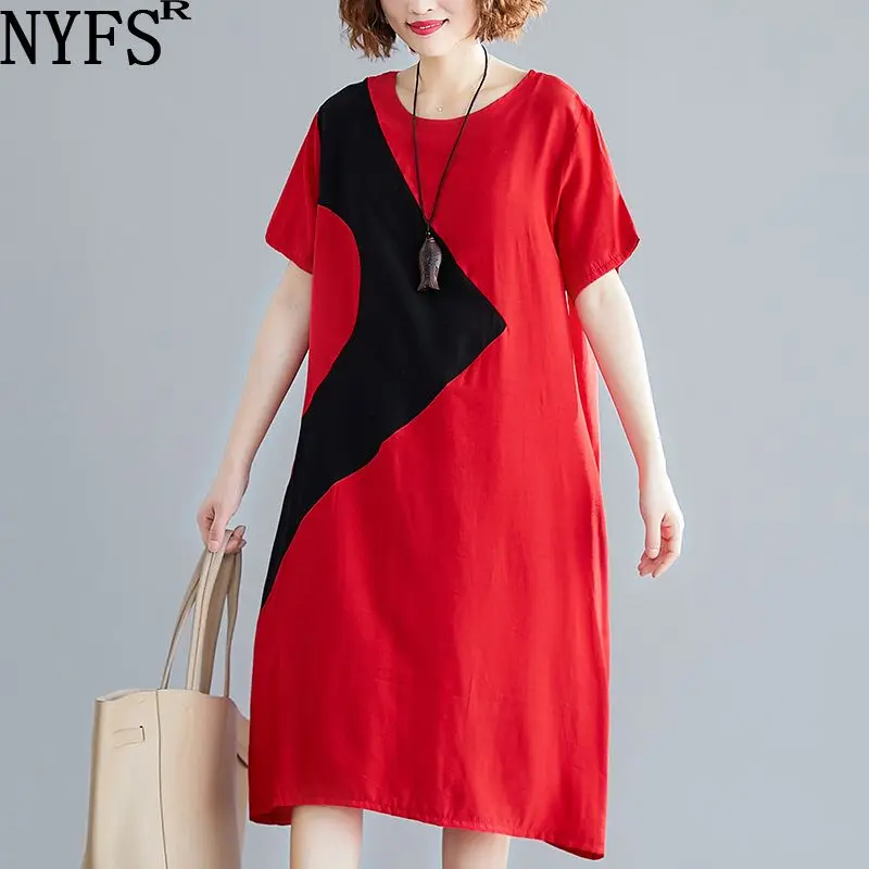 

NYFS Summer dress 2019 New Loose Vintage Women Dress Cotton Linen Patchwork long Dress Vestidos Robe Elbise