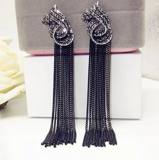 

new Fashion black Crystal Stones Pearl Long Tassel Drop Earrings Vintage Dangle Earring For Women Statement fashion Jewelry