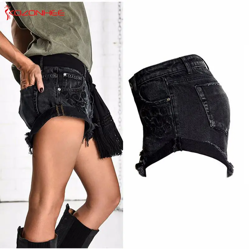 Черные джинсовые шорты с низкой талией и вышивкой для женщин, джинсовые шорты с кисточками и эффектом усов для женщин#07