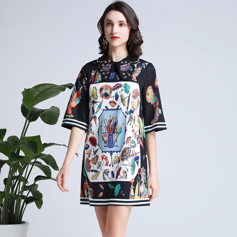 

Brand new design diamonds dress 2019 summer runways peter pan collar loose women dress A291