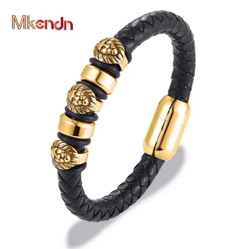 

MKENDN New Genuine Braided Leather Bracelet Men Leo Lion Skull Stainless Steel Magnetic Clasp Bangles Fashion Punk Male Jewelry