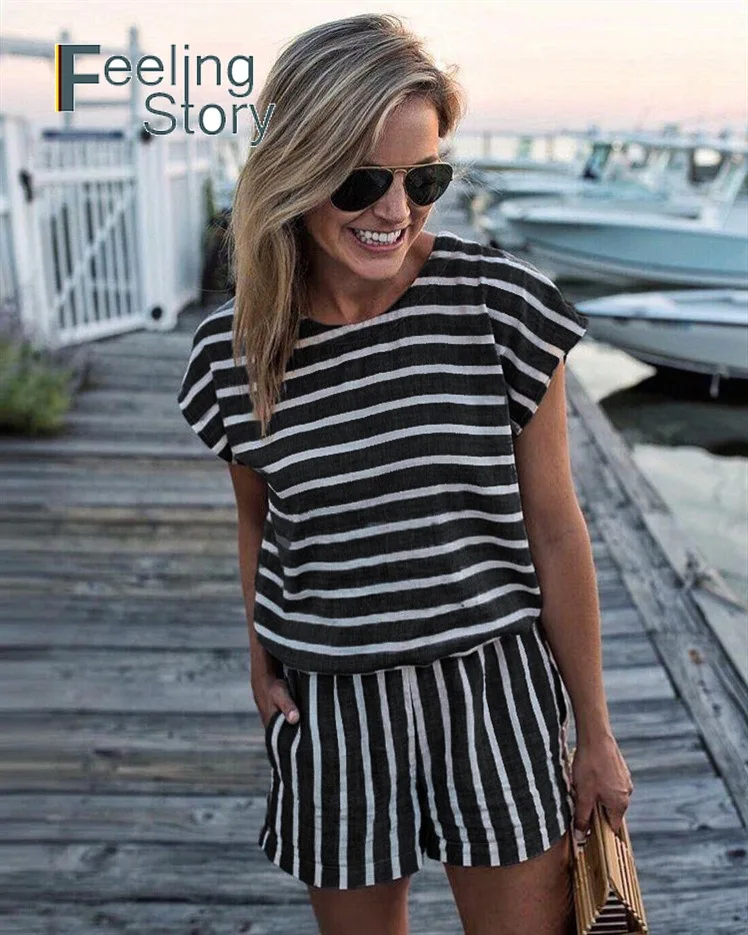 Striped Loose Playsuits 2020 Summer Rompers Womens Jumpsuit Shorts