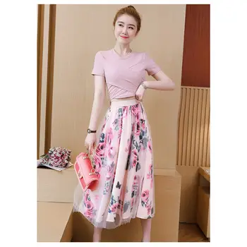 

Bow Two-piece Set Sexy Outfit Female Summer 2019 New Korean Slim Crop Top High Waist Long Mesh Printing Skirt Set For Girl f1080