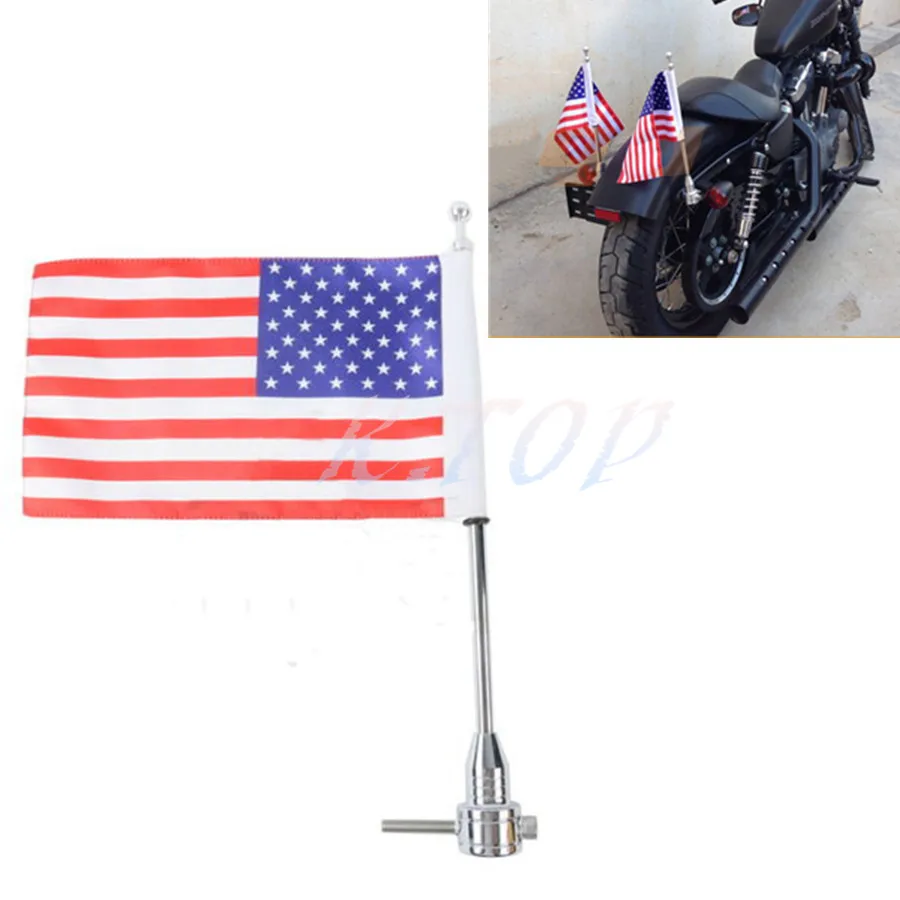 Motorcycle Chrome Rear Side Mount Flag Pole with USA Flag For Harley