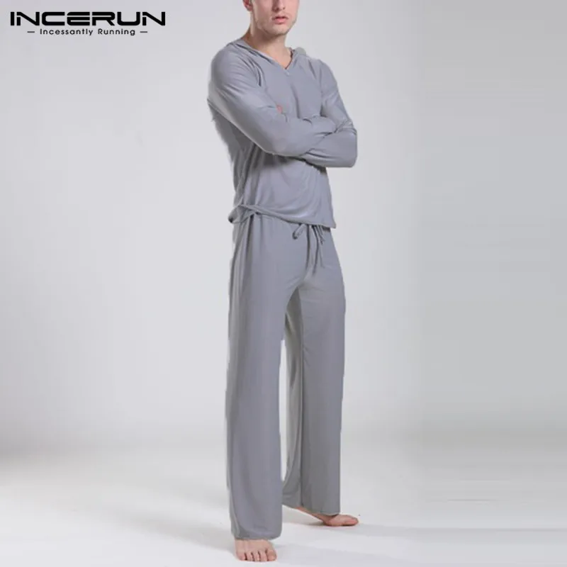 INCERUN, повседневный пижамный комплект для мужчин, одежда для сна,, длинный рукав, с капюшоном, однотонный, модный Пижамный костюм, брюки, топы, мужские мягкие домашние наборы
