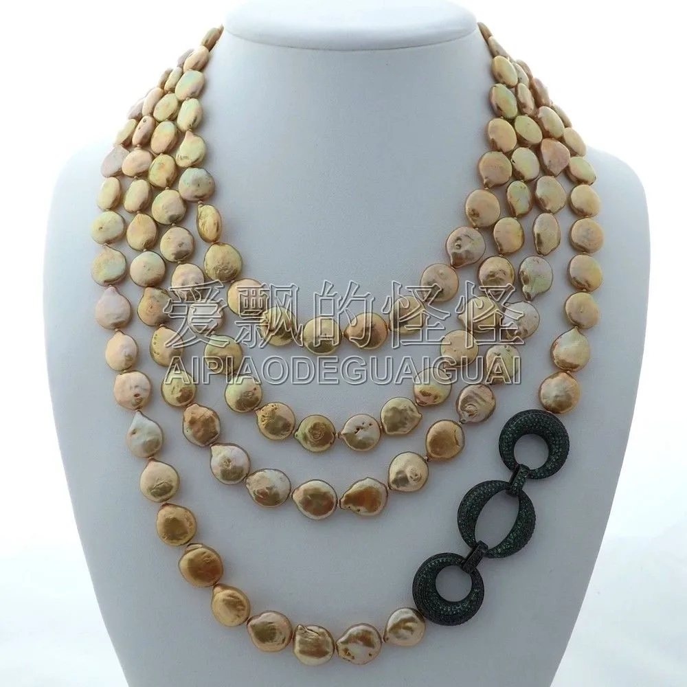 

Women's 18"4 Strands Champagne Coin Pearl Necklace CZ Connector