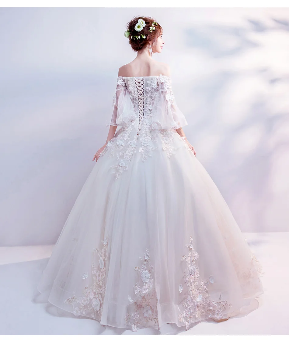 Кружевное сказочное платье принцессы с рукавами-рожками и ручной вышивкой; вечерние платья для невесты