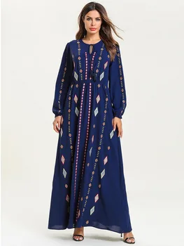 

Elegant Ethnic Muslim Abaya Maxi Dress Geometric Embroidery Kimono Long Robe Gowns Jubah Ramadan Middle East Islamic Clothing