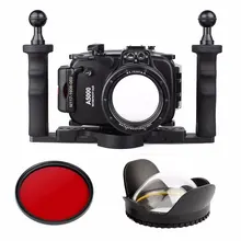 40 м водонепроницаемый подводный дайвинг чехол для фотокамеры для sony a5000 16-50 мм + две Руки Алюминиевый Лоток + 67 мм Рыбий глаз + Красный Фильтр