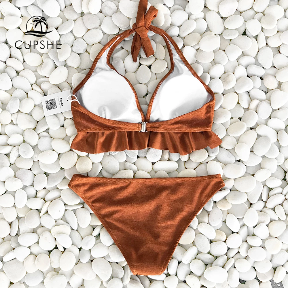 CUPSHE Caramel Macchiato Ruffle Solid Bikini Set Women Halter Sexy Thong Bikini Swimwear 2019 Girl Beach Bathing Suit Swimsuit CUPSHE Caramel Macchiato Ruffle Solid Bikini Set Women Halter Sexy Thong Bikini Swimwear 2019 Girl Beach Bathing Suit Swimsuit