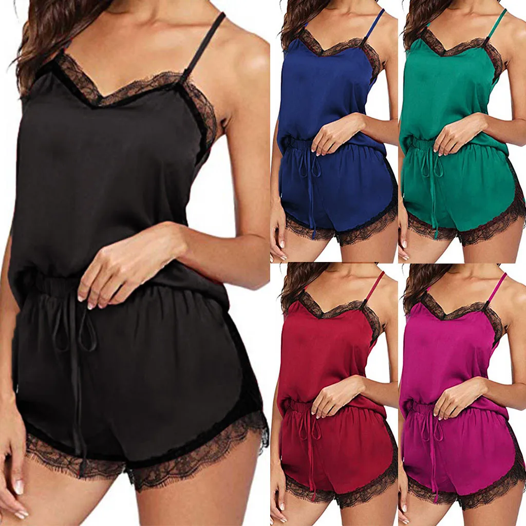 Pajama Sets Women Sexy Lingerie Sleeveless Nightwear Lace Trim Satin Cami Tops and Shorts Pajama Sets femme pijama mujer