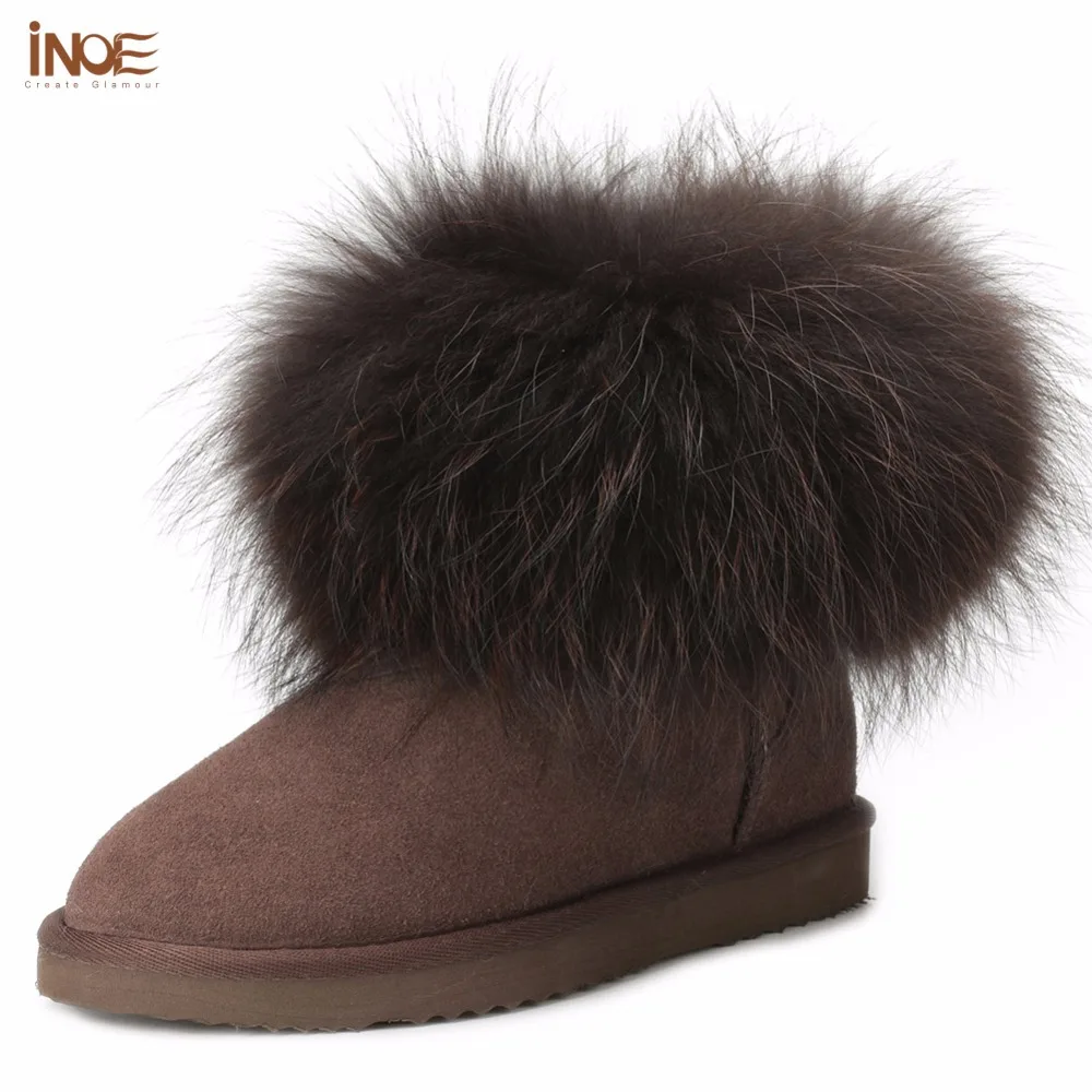 INOE fashion fox fur short ankle girls winter suede snow boots for women genuine sheepskin leather fur lined winter shoes brown