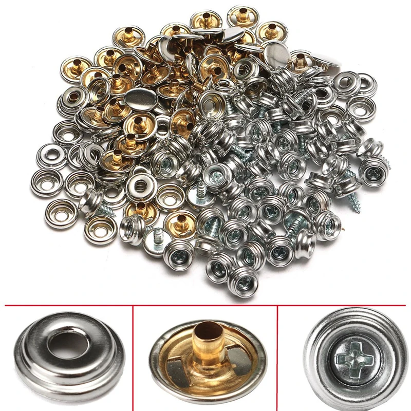 50 Set 15mm Stainless Steel Push Button Sockets Screw Stud With Tool Snap Fastener Kit For Boat Cover Handbags Clothing Leather