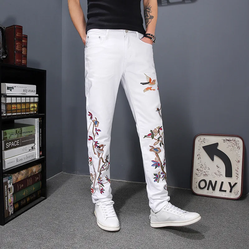 White Bird Embroidery Denim Pants 