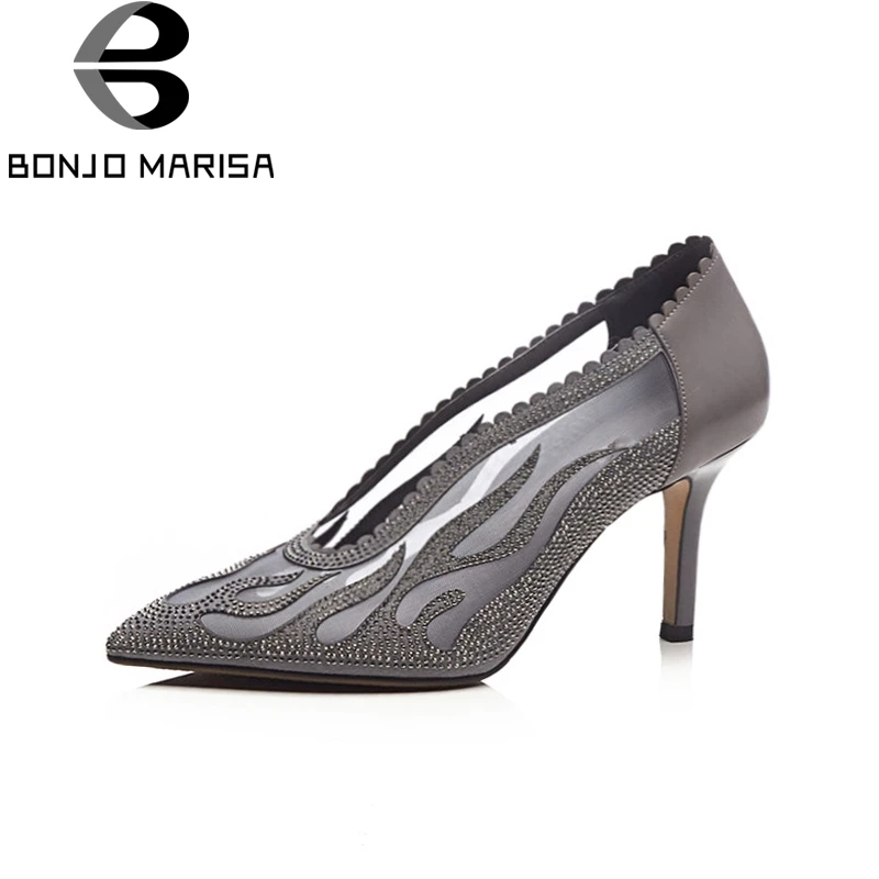 

BONJOMARISA New women's Synthetic Spike High Heels Crystal Pointed Toe Solid Ahoes Woman Casual Spring Pumps Size 34-39