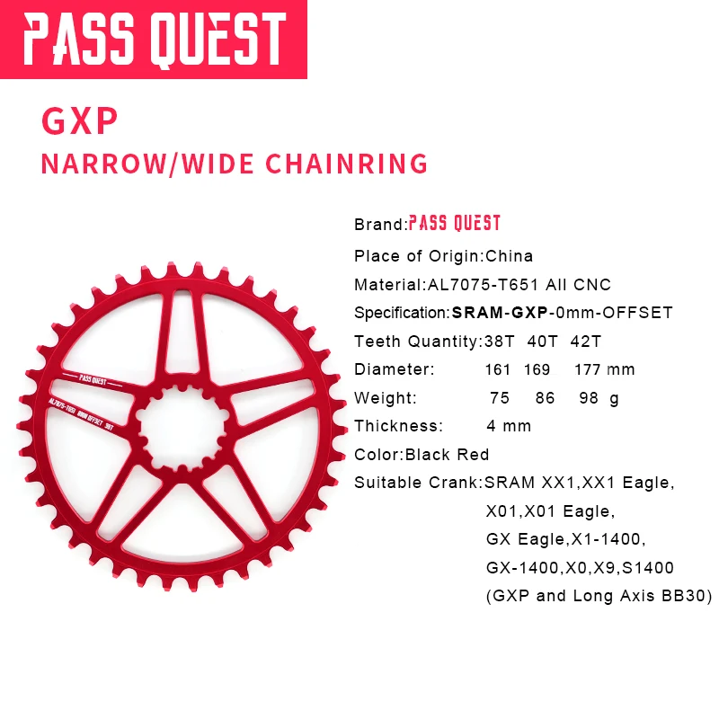 Pass Quest GXP велосипедный передняя Звездочка 38 T/40 т/42 т 0 мм смещение горный велосипед Звездочка для XX1 Sram XO1 X1 GX XO X9 кривошипно запчасти