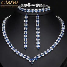 CWWZircons 3 предмета Royal Blue Цирконий женские Костюм на свадьбу и праздник Jewelry Цепочки и ожерелья Серьги Браслет для невесты T038