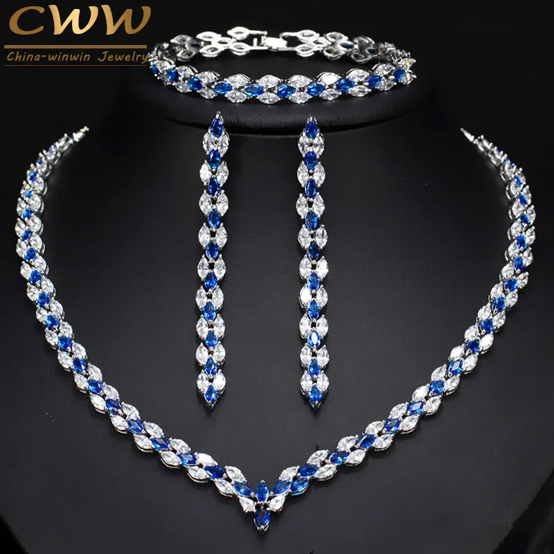 

CWWZircons 3 Piece Royal Blue Cubic Zirconia Womens Wedding Party Costume Jewelry Necklace Earring Bracelet Set for Brides T038