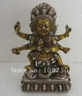 

Tibetan Silver Gilt Bronze Skull 6 Arms Mahakala Buddha Statue Elephant