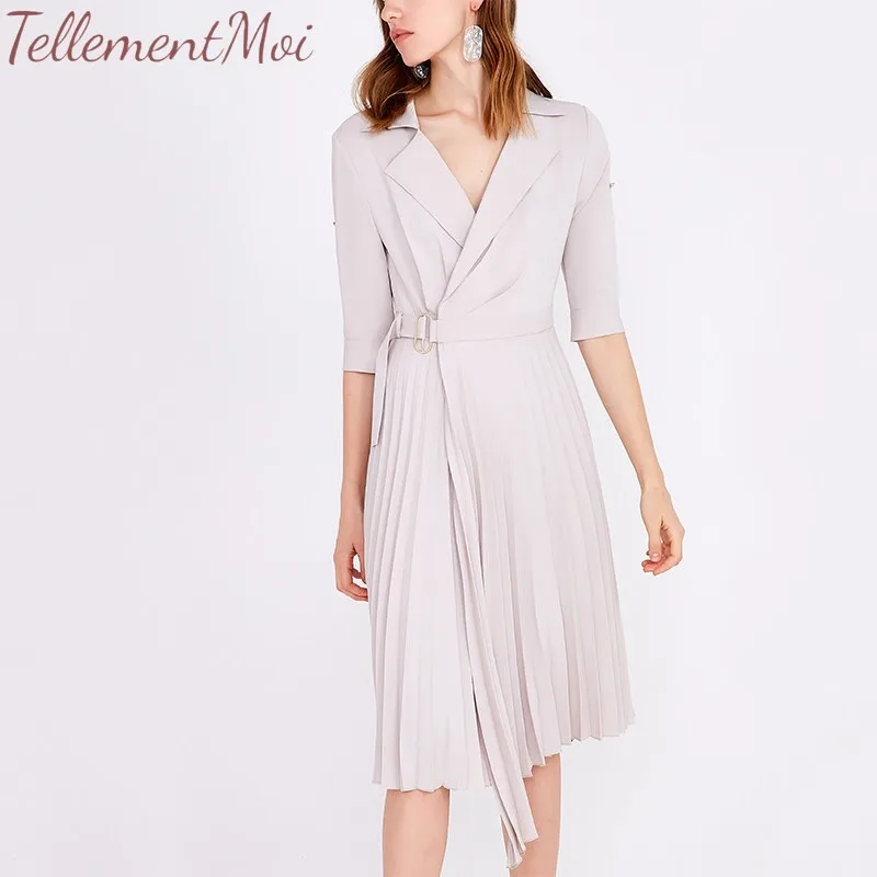 

Summer Dress Women Notched Half Sleeve Dresses Solid Irregular Pleated Midi Dress Vestidos Office Lady High Waist Business Dress