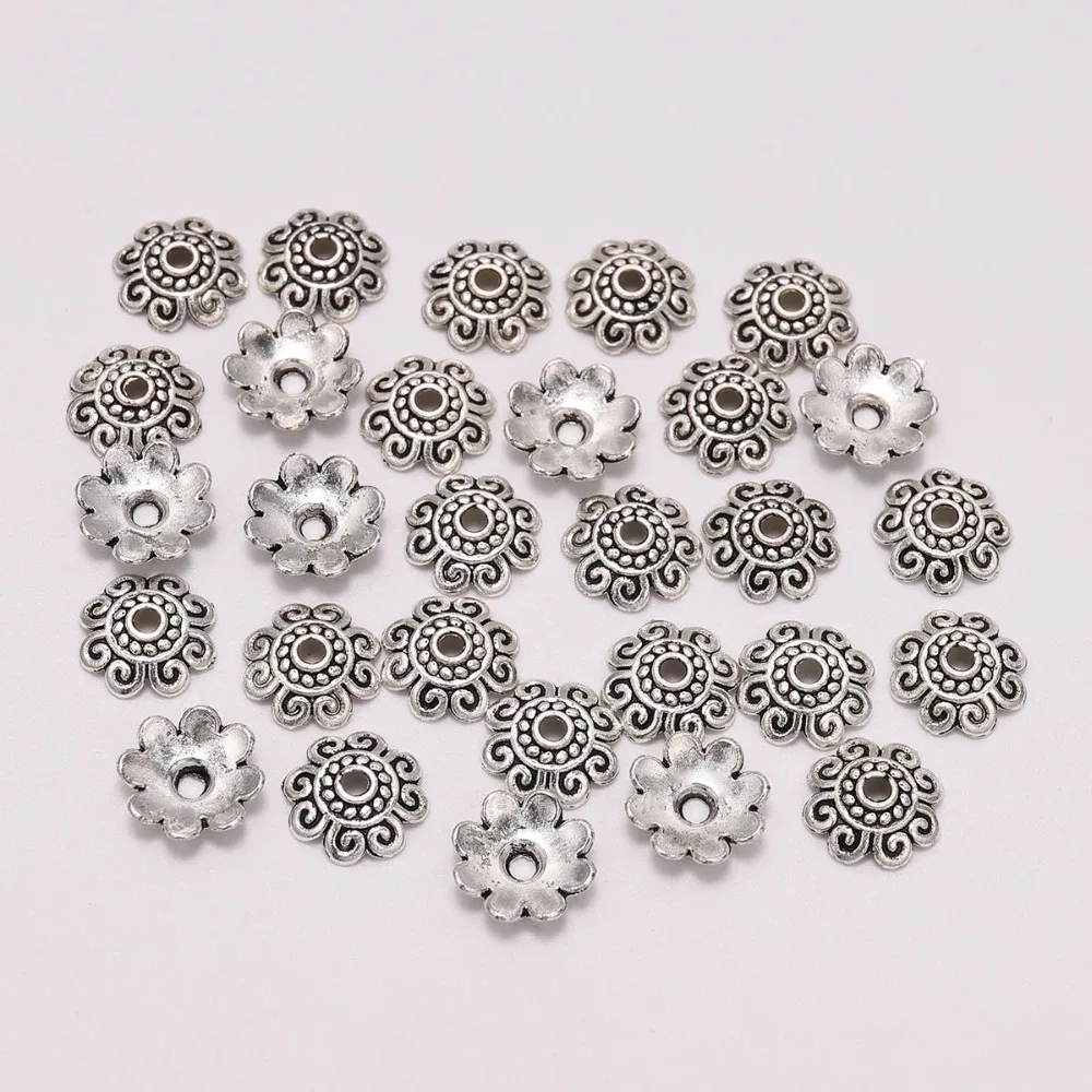 50Pcs Tibetan Silver Hollow Flower Carving Beads Cap For Jewelry Making 10mm DIY
