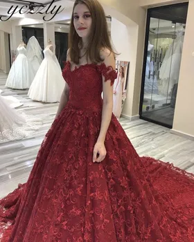 

Vestido Novia 2019 Elegant Off-shoulder Ball Gown Lace Burgundy Wedding Dress Plus Size Long Red Arabic Wedding Gowns W19